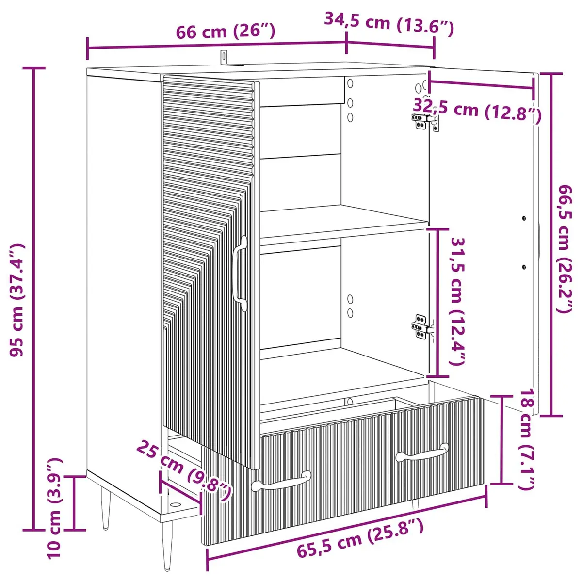 Sideboard Storage Cabinet Modern White Engineered Wood Living Room Dining 66 x 34.5 x 95 cm