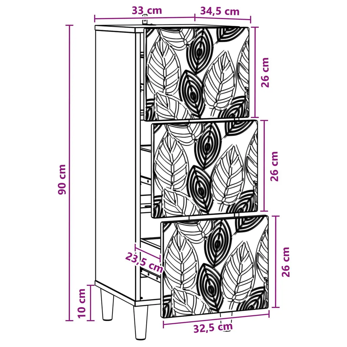 Drawer Cabinet Storage Unit 33 x 34.5 x 90 cm White Engineered Wood Frame