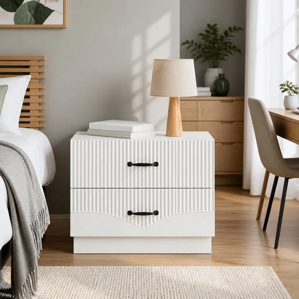 Bedside Cabinet White Modern Bedroom Nightstand Storage Drawers Engineered Wood