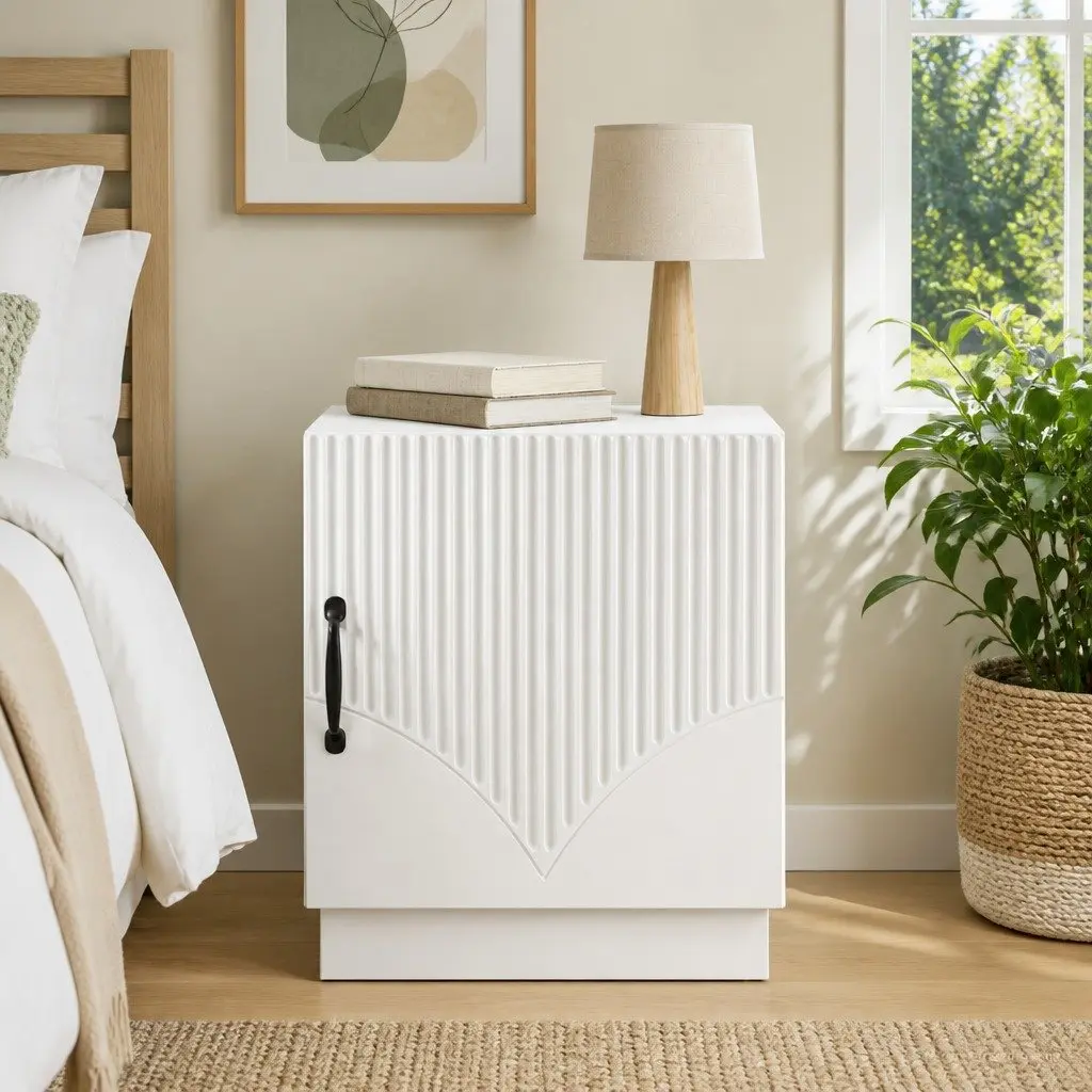 White Bedside Table with Swing Door and Metal Handles