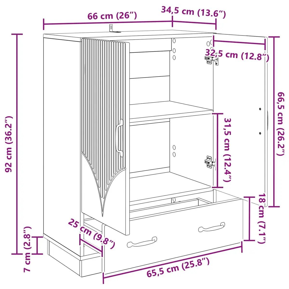 White Sideboard Storage Cabinet 66cm Engineered Wood Buffet Dining Room