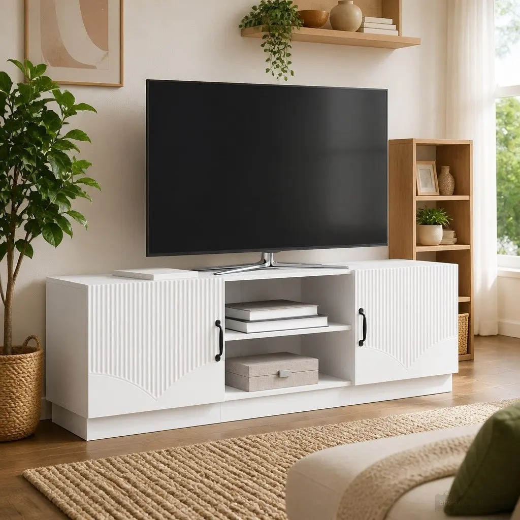 TV Cabinet White 150cm Modern Entertainment Unit Adjustable Shelves LED Lights