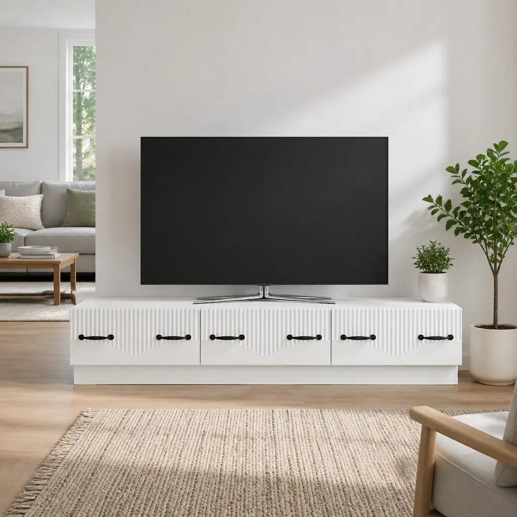 TV Cabinet Entertainment Unit White Engineered Wood Storage Shelves Drawer 147 x 34.5 x 27 cm