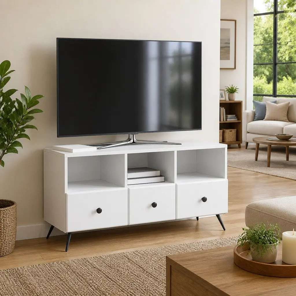 TV Cabinet Storage Unit White Engineered Wood Entertainment Unit with Drawers Shelves