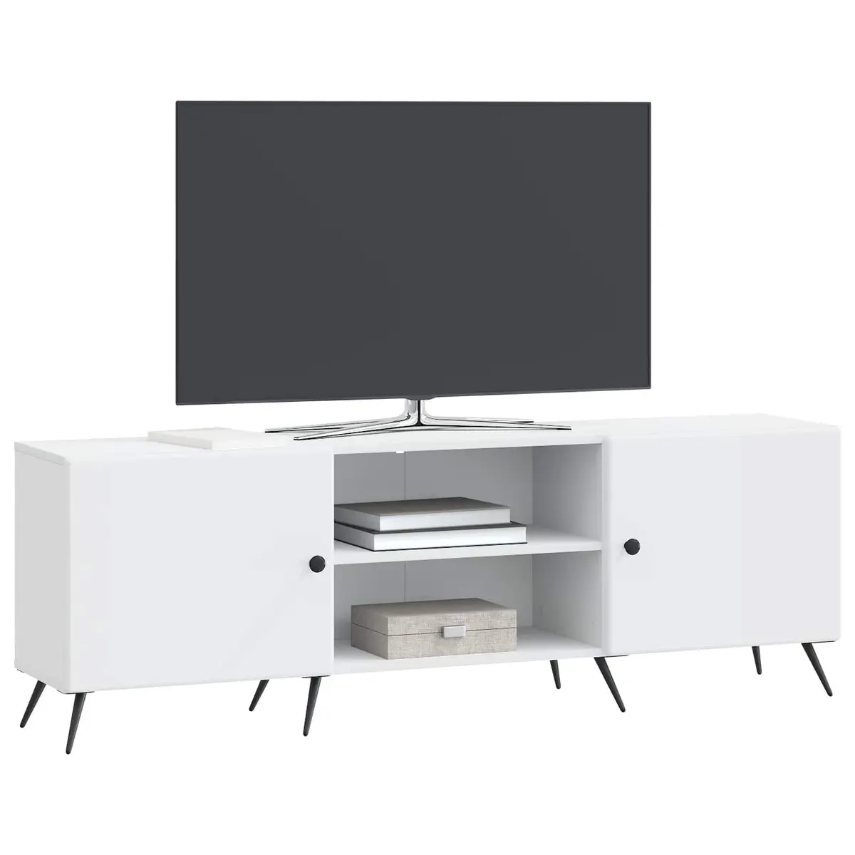 TV Cabinet White Vintage Lowboard Media Unit Storage Engineered Wood Metal Legs