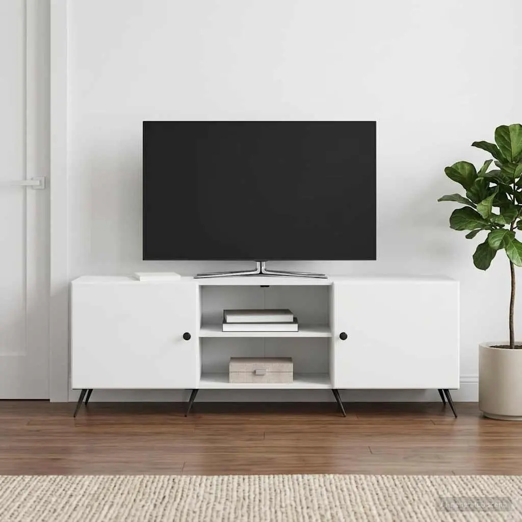TV Cabinet White Vintage Lowboard Media Unit Storage Engineered Wood Metal Legs
