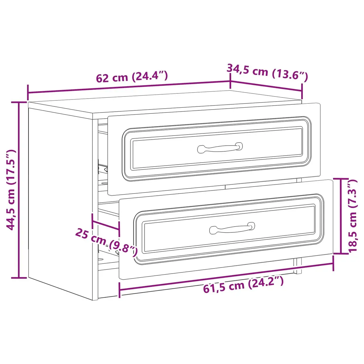 Bedside Cabinet White 62 x 34.5 x 44.5 cm Modern Bedroom Storage Drawer Table