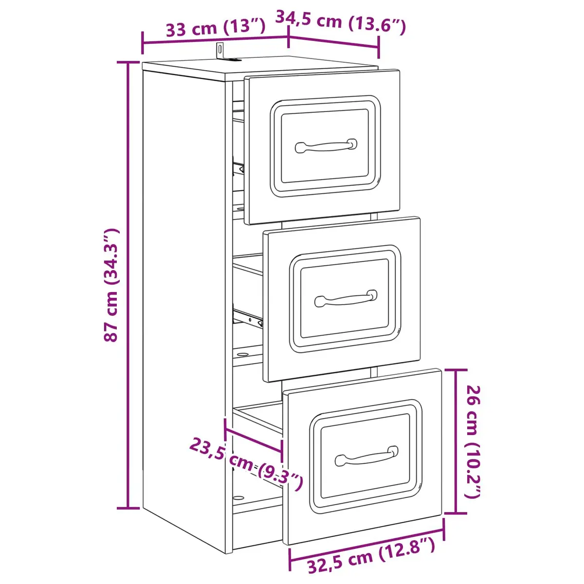 Drawer Cabinet Storage Unit Modern White Engineered Wood 33 x 34.5 x 87 cm