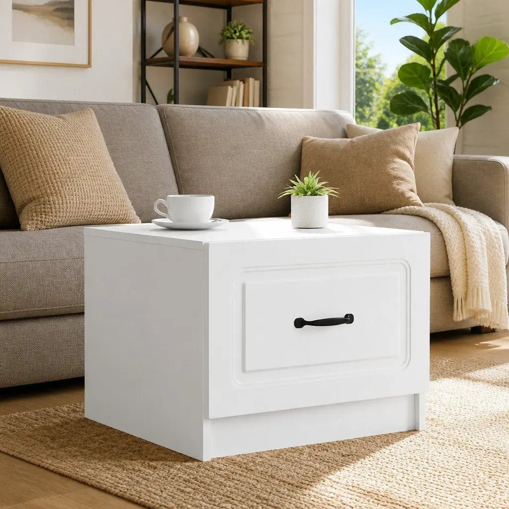 Coffee Table Storage Drawer Modern White Living Room Furniture 49 x 50 x 37 cm