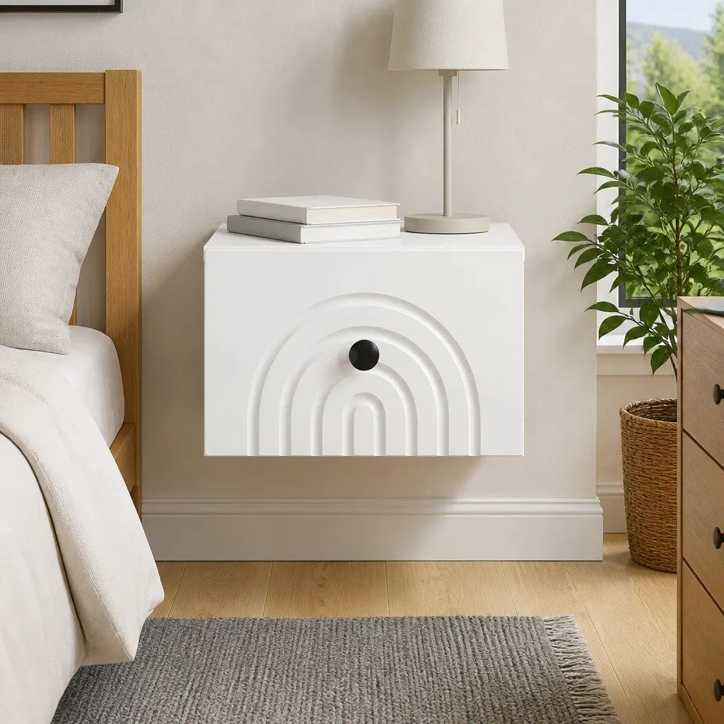 Wall-Mounted Bedside Cabinet Storage Drawer Organiser White Engineered Wood Compact