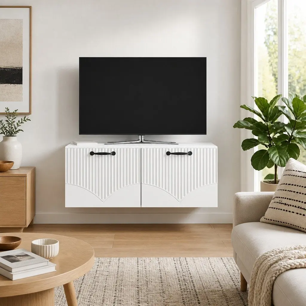 White Wall-Mounted TV Cabinet with Ample Storage