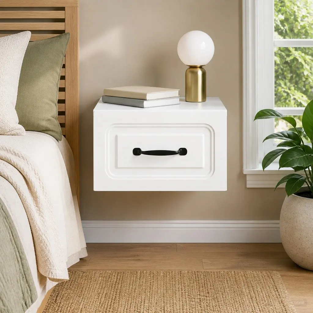 Wall-Mounted Bedside Cabinet Storage Drawer Shelf Bedroom Nightstand White