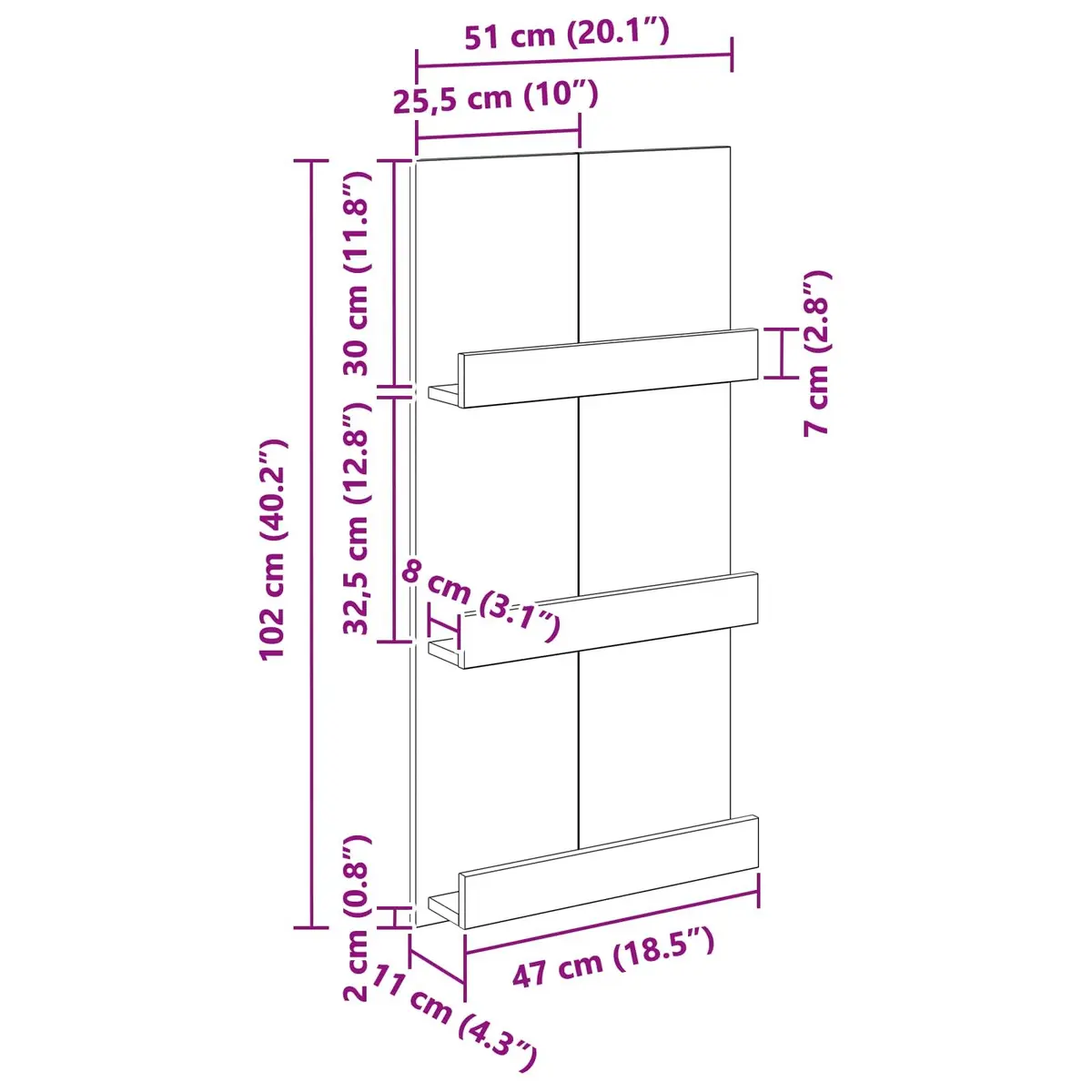Magazine Rack Storage Organiser 51 x 11 x 102 cm White for Living Room Office Bedroom