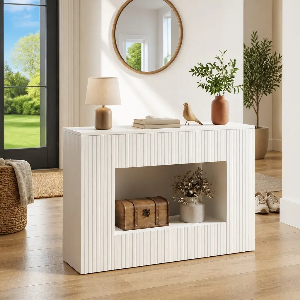 Console Table White Striped Storage Shelves Drawers 101 x 29 x 74 cm