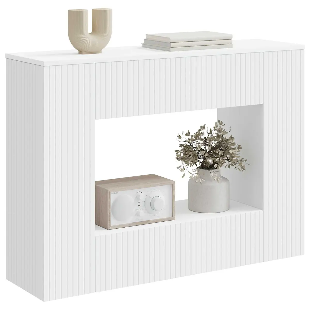 Console Table White Striped Storage Shelves Drawers 101 x 29 x 74 cm