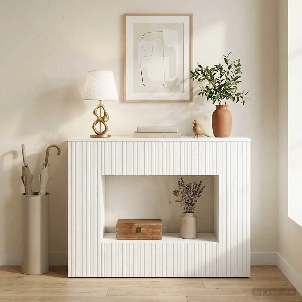 Console Table White Striped Storage Shelves Drawers 101 x 29 x 74 cm