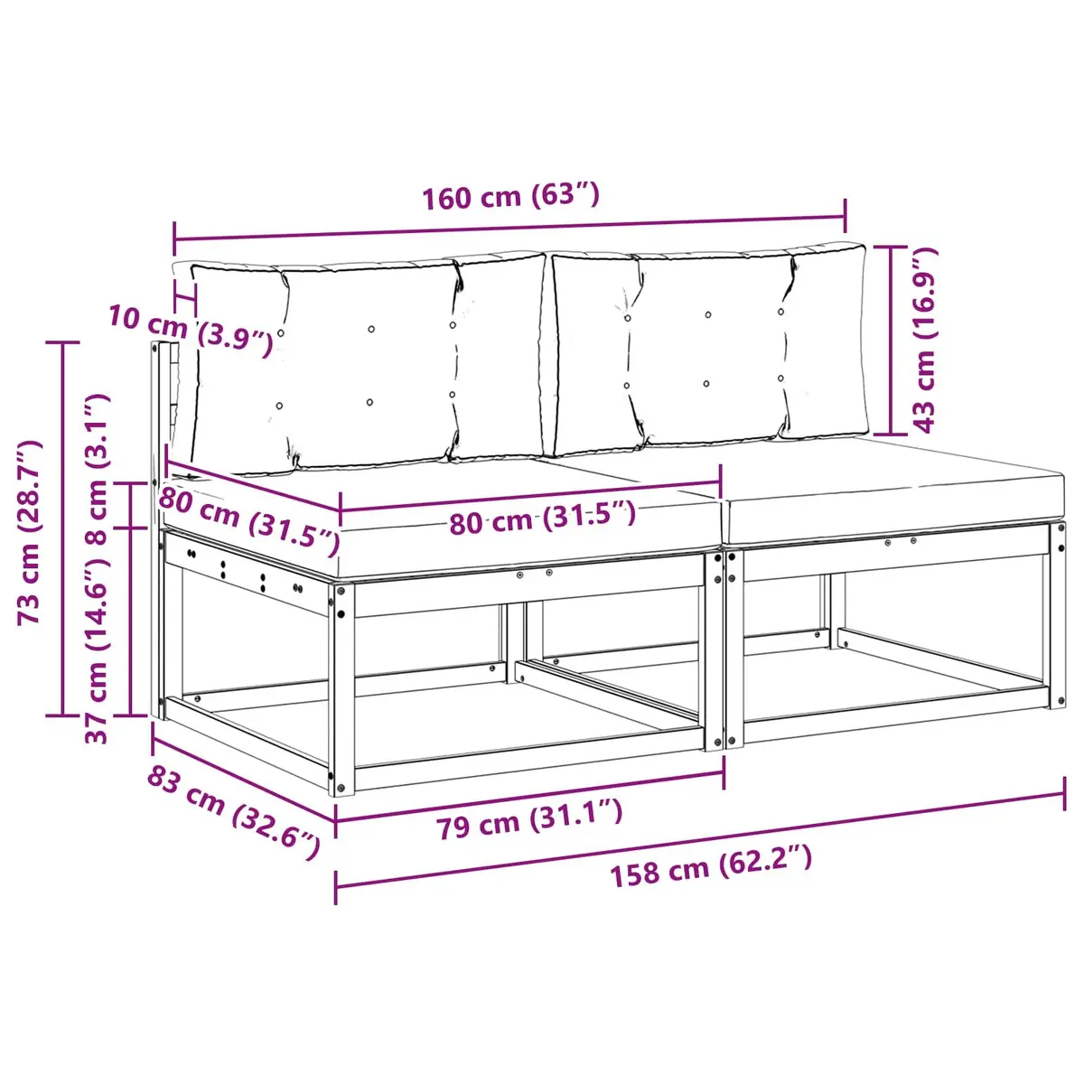 Outdoor Middle Sofa Modular Garden Sectional Seating 2 Piece Brown