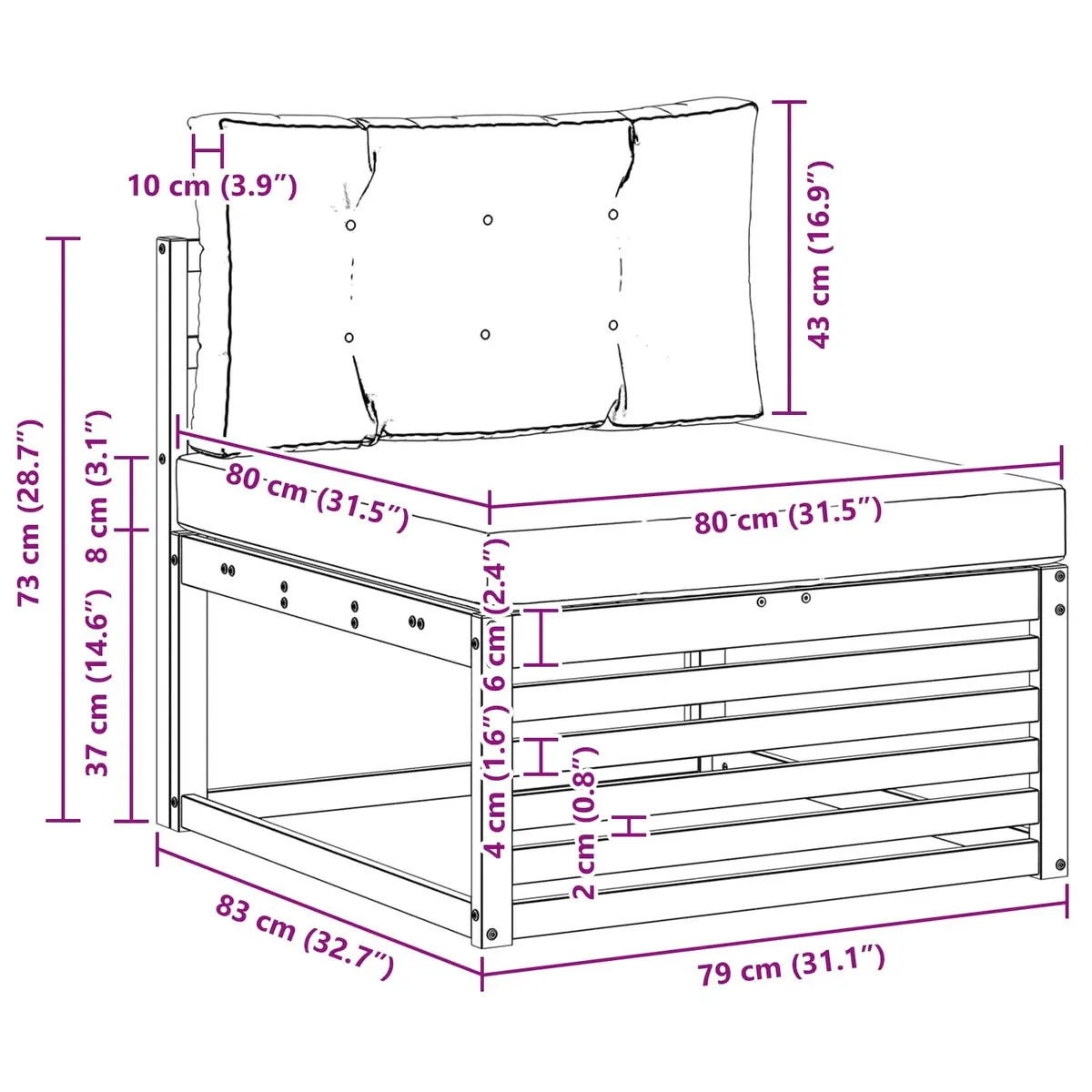 Outdoor Middle Sofa in Solid Acacia Wood