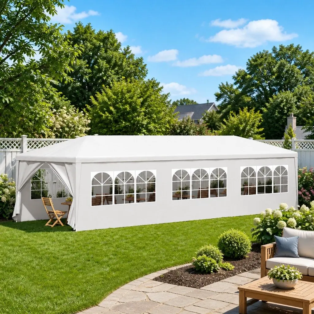 Outdoor Gazebo 3x9m White Party Tent with Side Panels and Windows for Gatherings