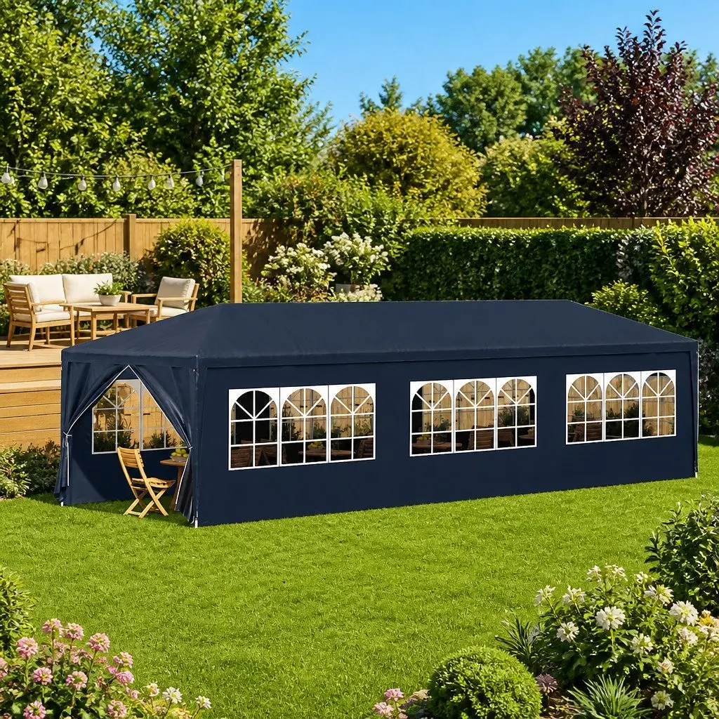 Party Tent Outdoor Canopy 3x9m Blue Garden Gazebo with Panels Door