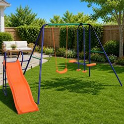Safe Outdoor Swing Set with Slide for Kids' Fun