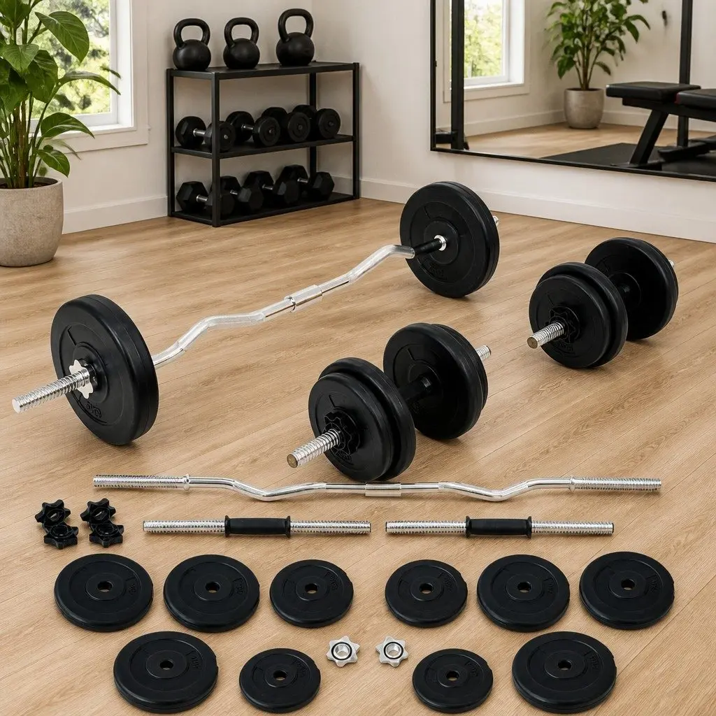 Barbell and Dumbbell Set 30kg Strength Training Home Gym Equipment Black