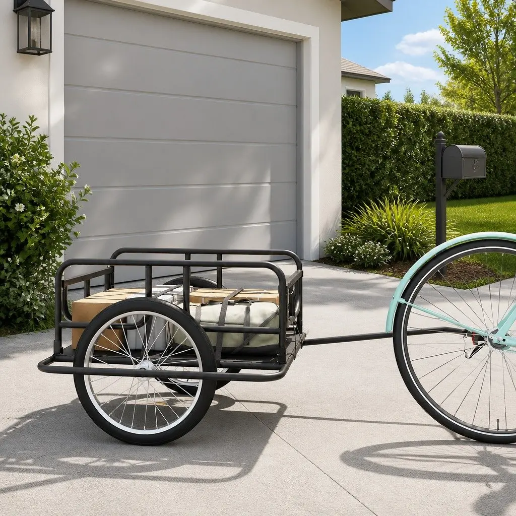 Bike Trailer Two-Wheeled Cargo Hauler Steel Frame Foldable Quick-Release Hitch