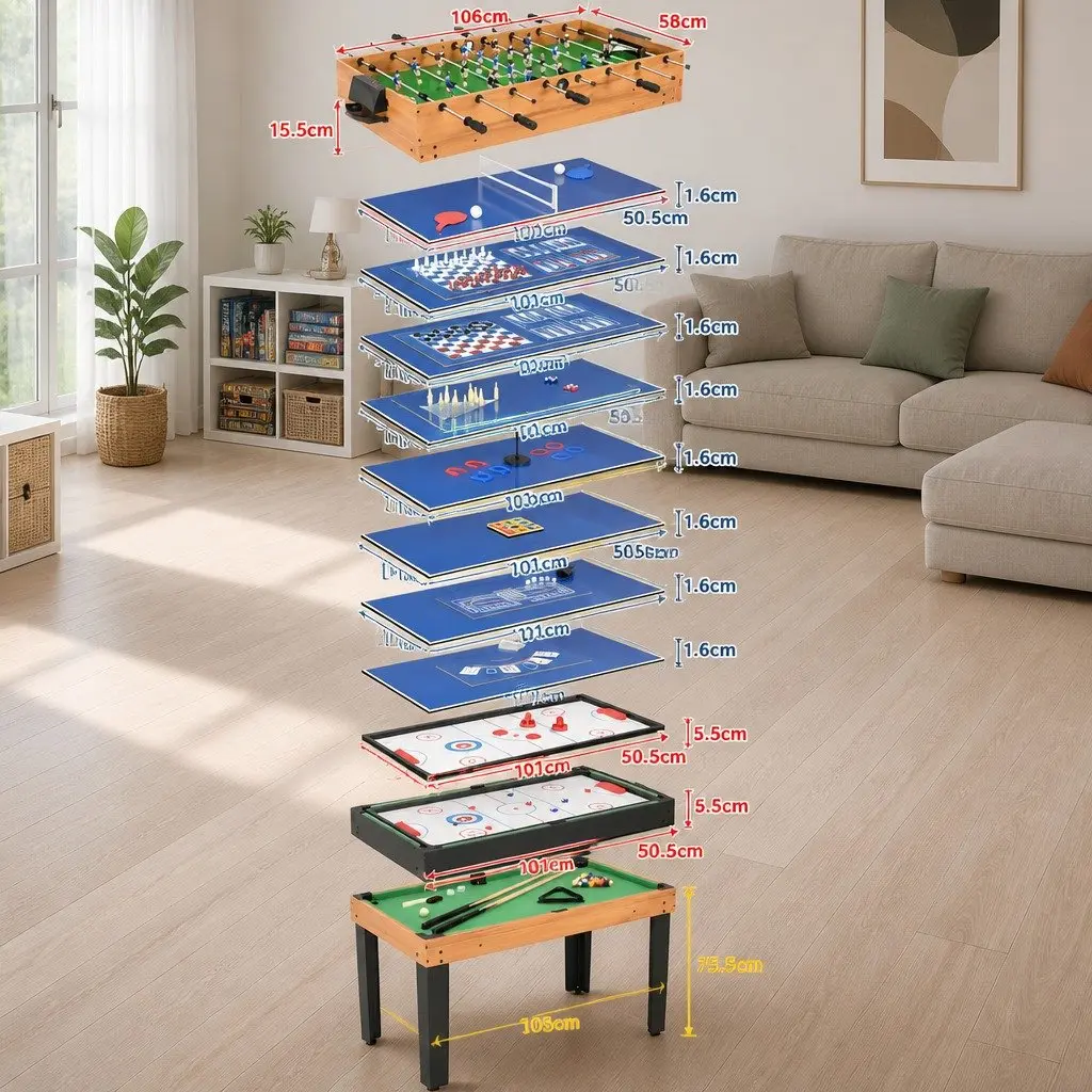 15-in-1 Multi Game Table Chess Billiard Foosball Table Tennis Hockey Shuffle Brown 121 x 61 x 82 cm