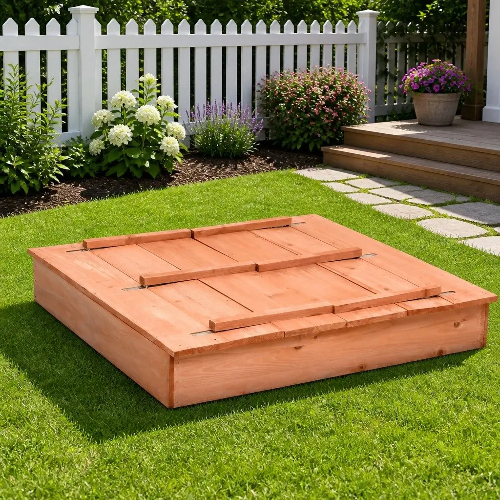 Wooden Sandbox Outdoor Play 95x90x15cm Brown with Folding Lid and Bench Seats
