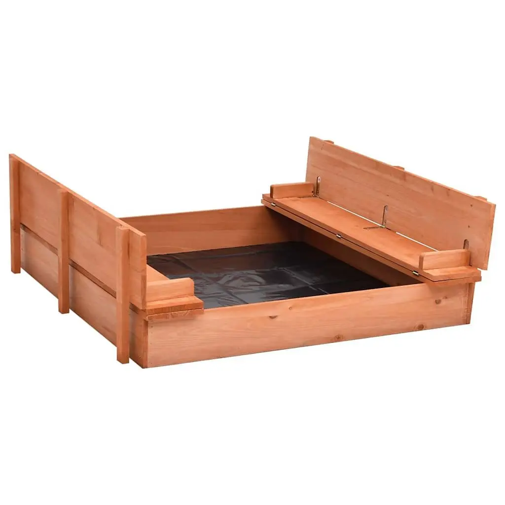 Wooden Sandbox Outdoor Play 95x90x15cm Brown with Folding Lid and Bench Seats