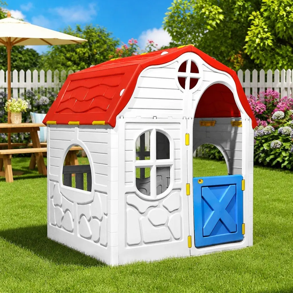 Portable Kids Playhouse Multicolour Cottage Style with Lockable Door and Open Windows Indoor Outdoor Use