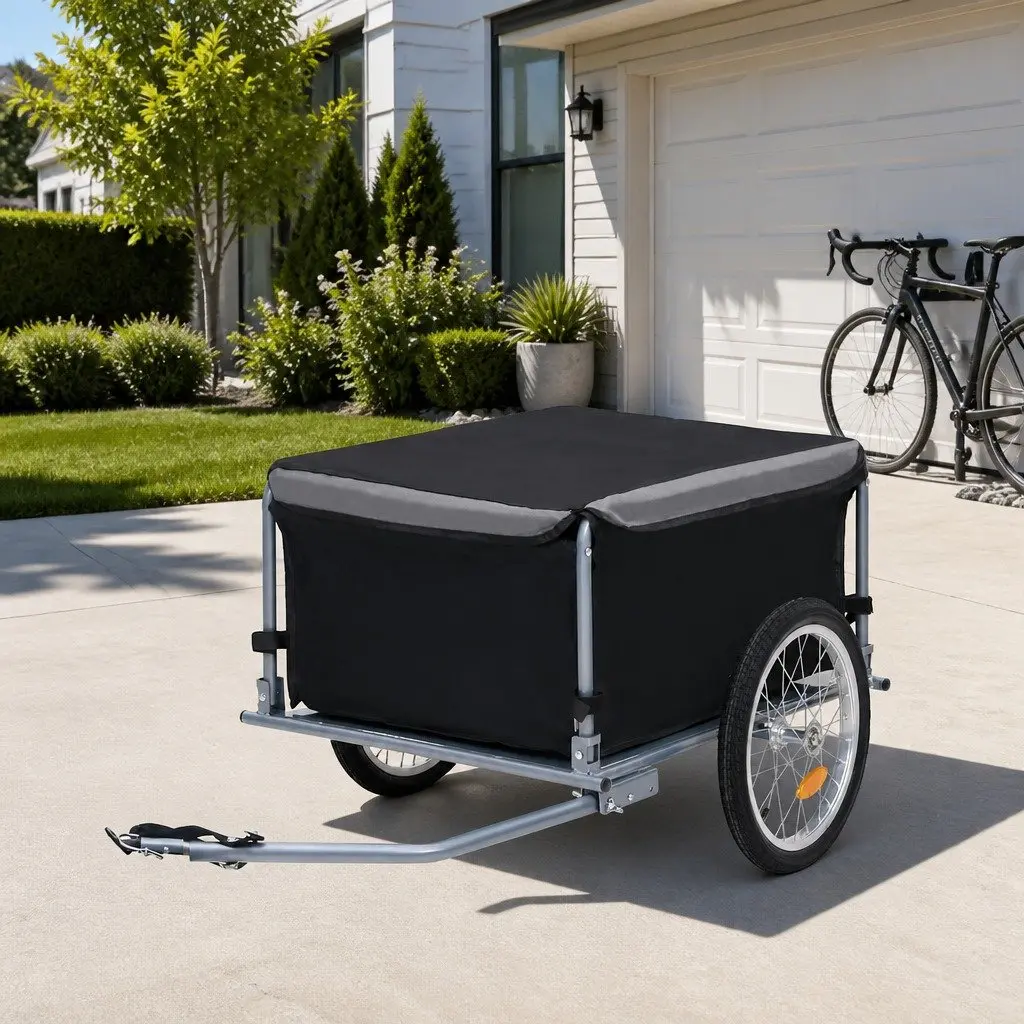 Bike Trailer 65kg Capacity Steel Frame Foldable Cargo Commute Tour Grey