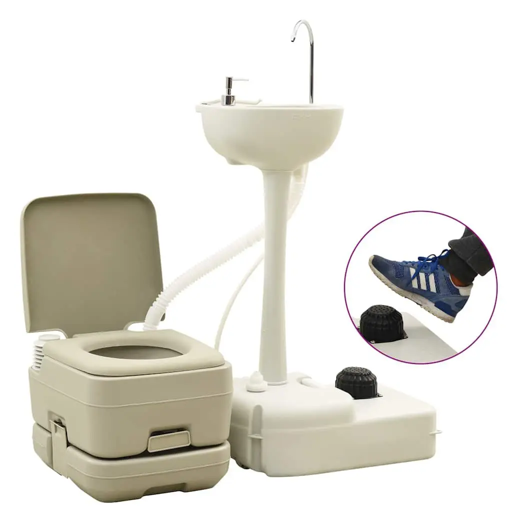 Portable Camping Toilet Set 10L Waste 10L Fresh Water Handwash Station 20L Grey
