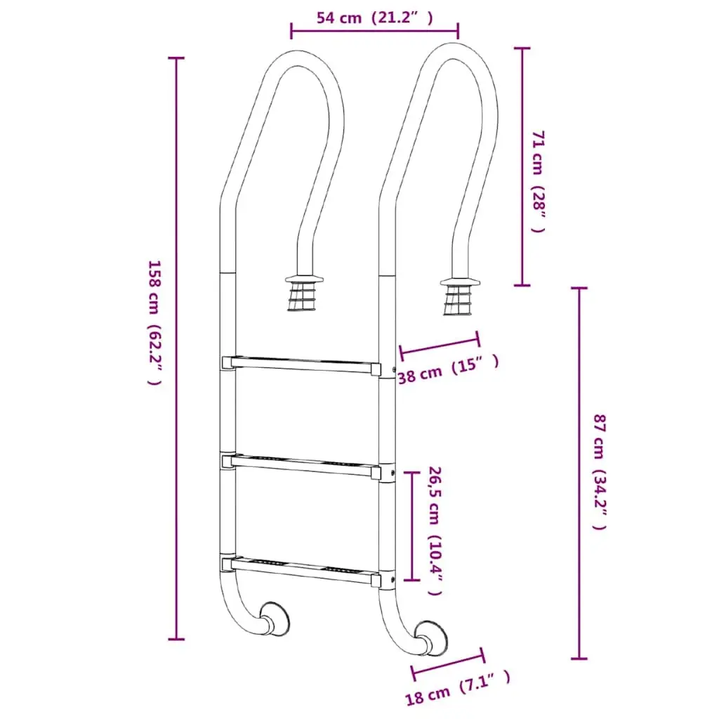 Pool Ladder Non-Slip Steps 54x38x158cm Stainless Steel Curved Handrail Silver