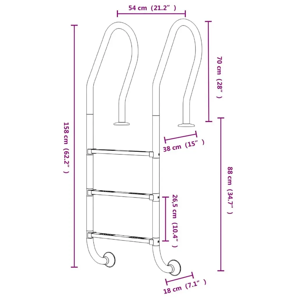 Pool Ladder Non-Slip Steps 54x38x158cm Stainless Steel Curved Handrail Silver