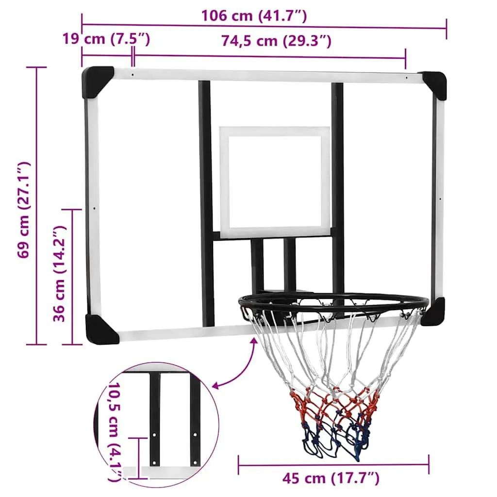 Basketball Backboard Transparent 106x69cm Wall-Mounted Indoor Outdoor Sport