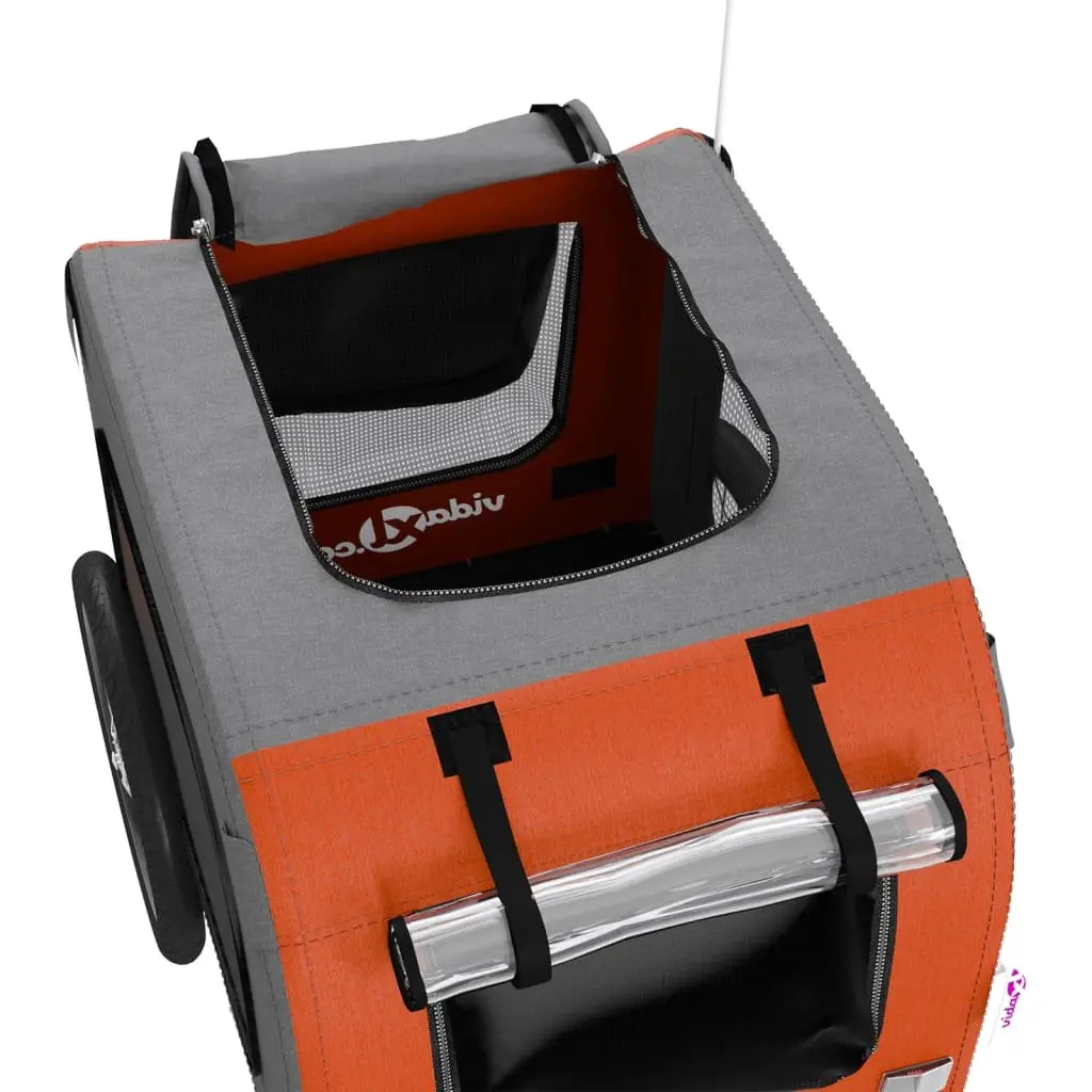 Pet Bike Trailer Orange Oxford Fabric Iron Frame Wheels Zippered Doors Mesh