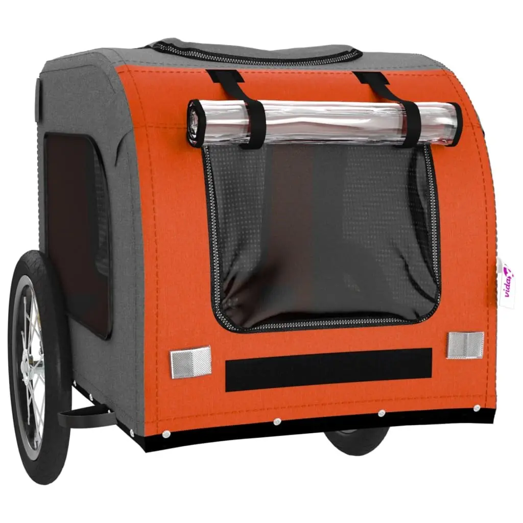 Pet Bike Trailer Orange Oxford Fabric Iron Frame Wheels Zippered Doors Mesh