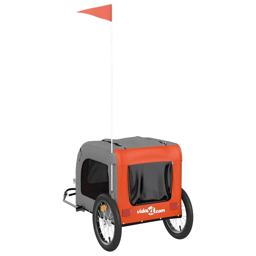 Pet Bike Trailer Orange Oxford Fabric Iron Frame Wheels Zippered Doors Mesh