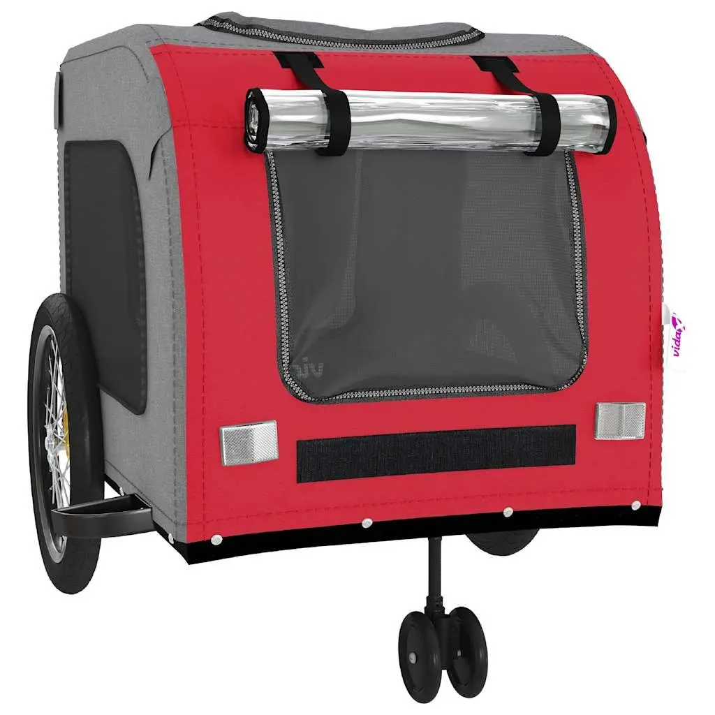 Pet Bike Trailer Red Oxford Fabric Iron Frame Wheels Mesh Windows Zippered Doors