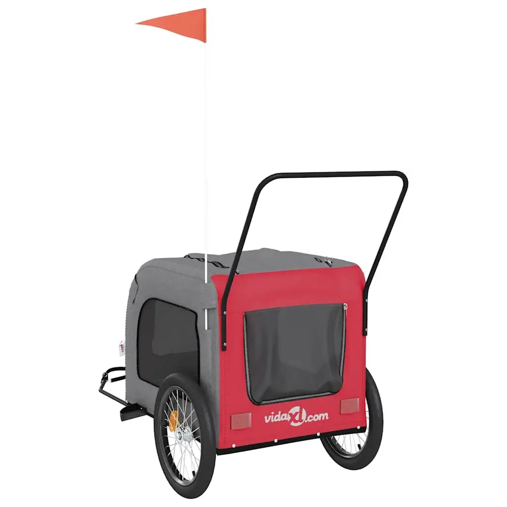 Pet Bike Trailer Red Oxford Fabric Iron Frame Wheels Mesh Windows Zippered Doors