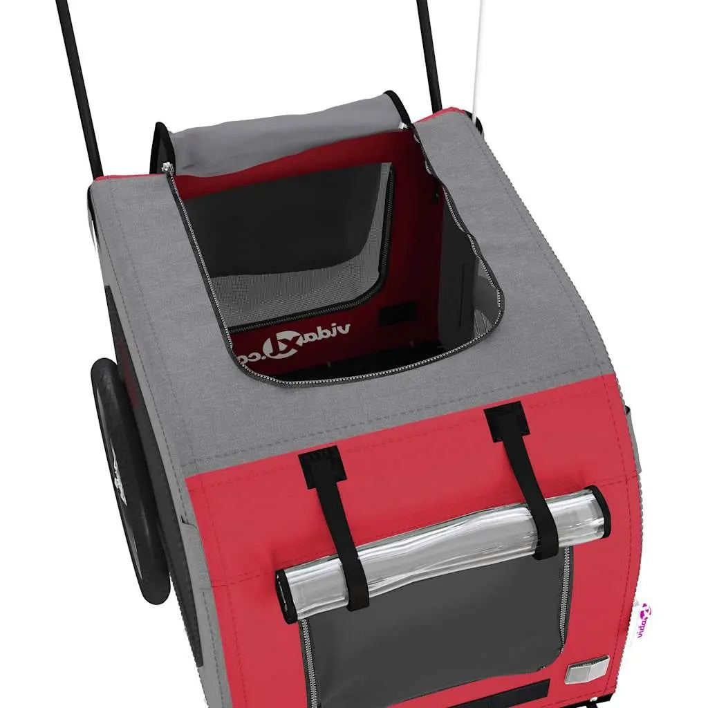 Pet Bike Trailer Red Oxford Fabric Iron Frame Wheels Mesh Windows Zippered Doors