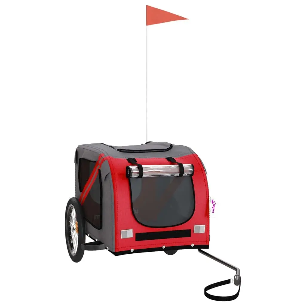 Pet Bike Trailer Red Grey Oxford Fabric Iron Frame 2 Wheels Zippered Doors Mesh
