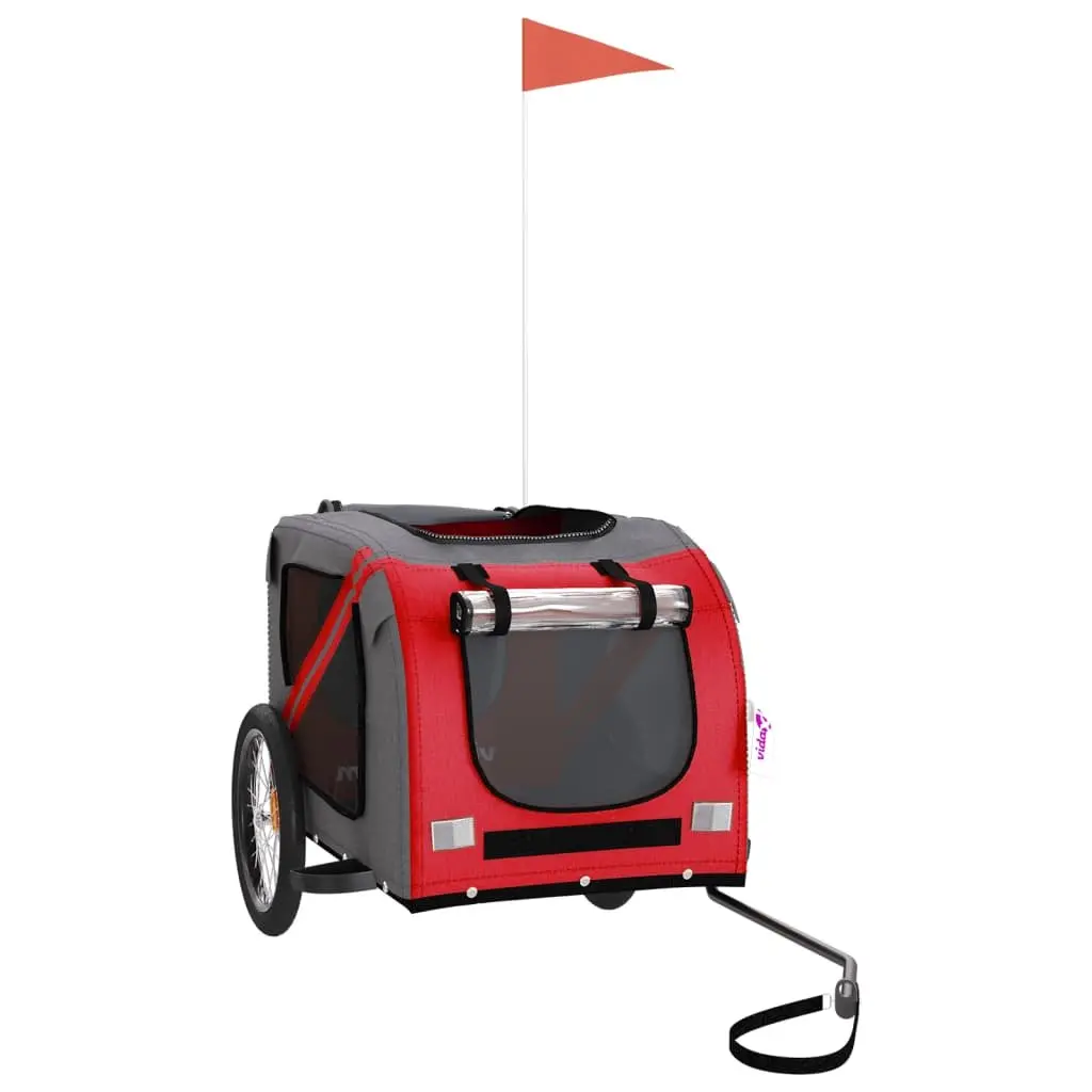 Pet Bike Trailer Red Grey Oxford Fabric Iron Frame 2 Wheels Zippered Doors Mesh