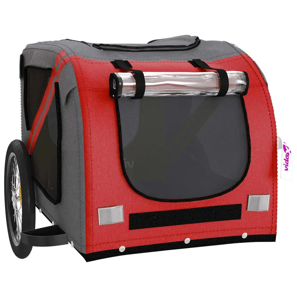 Pet Bike Trailer Red Grey Oxford Fabric Iron Frame 2 Wheels Zippered Doors Mesh