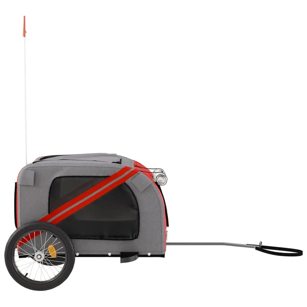 Pet Bike Trailer Red Grey Oxford Fabric Iron Frame 2 Wheels Zippered Doors Mesh
