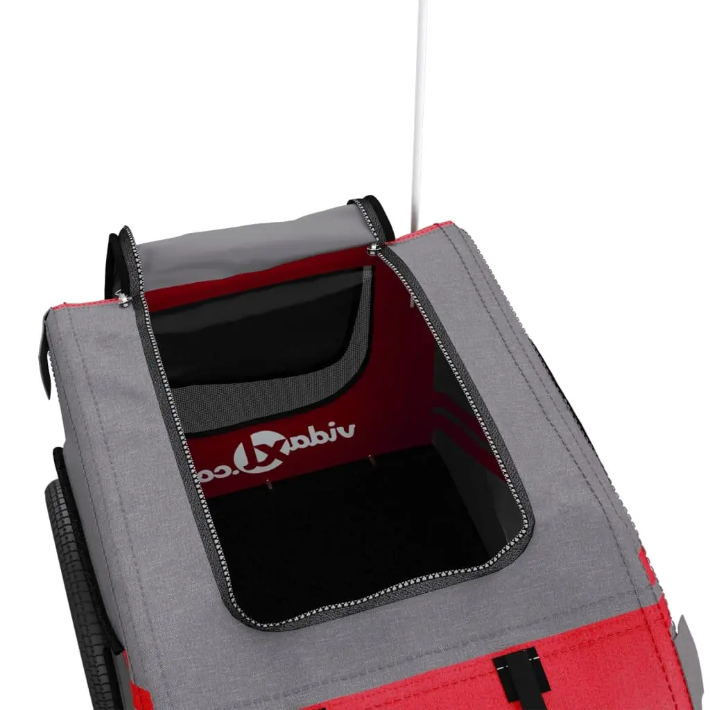 Pet Bike Trailer Red Grey Oxford Fabric Iron Frame 2 Wheels Zippered Doors Mesh