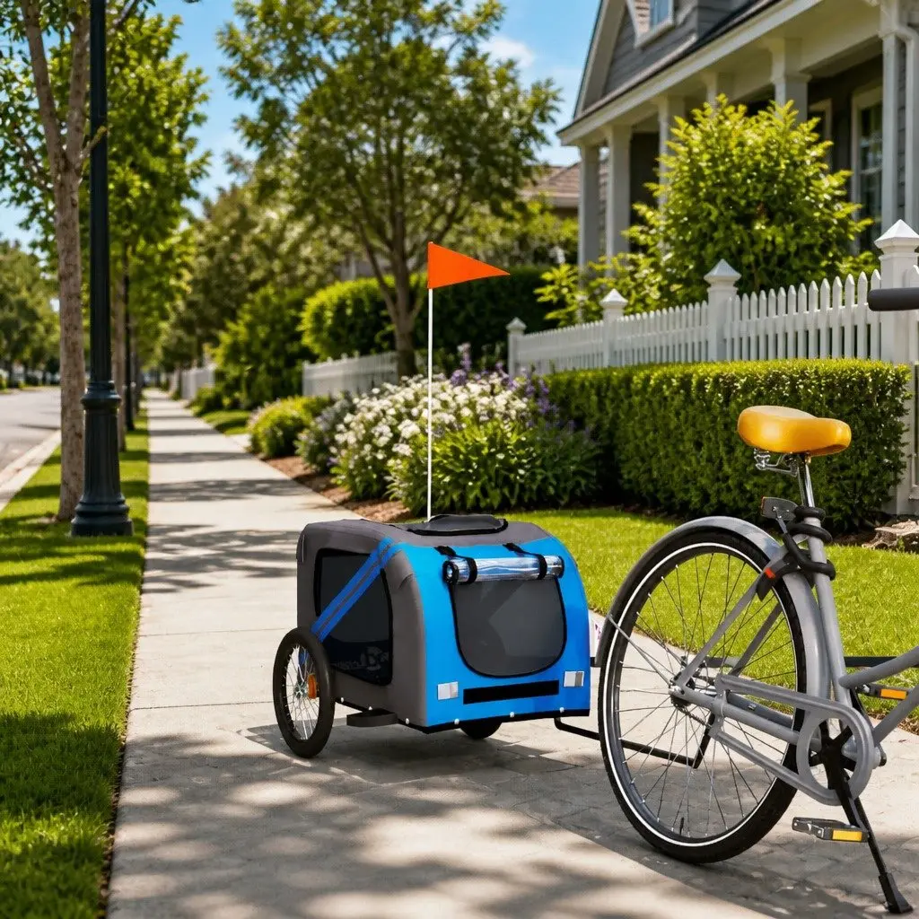Pet Bike Trailer Small Dogs Carrier Blue Grey Oxford Fabric Iron Frame
