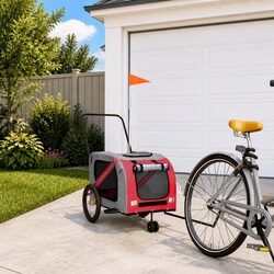 Pet Bike Trailer Red Grey Oxford Fabric Iron Frame Small Dogs Carrier Cycling