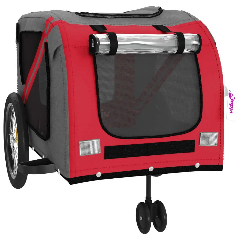 Pet Bike Trailer Red Grey Oxford Fabric Iron Frame Small Dogs Carrier Cycling